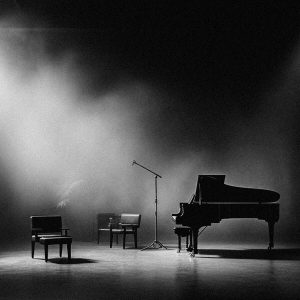 Foto en blanco y negro de un escenario con un piano y dos asientos